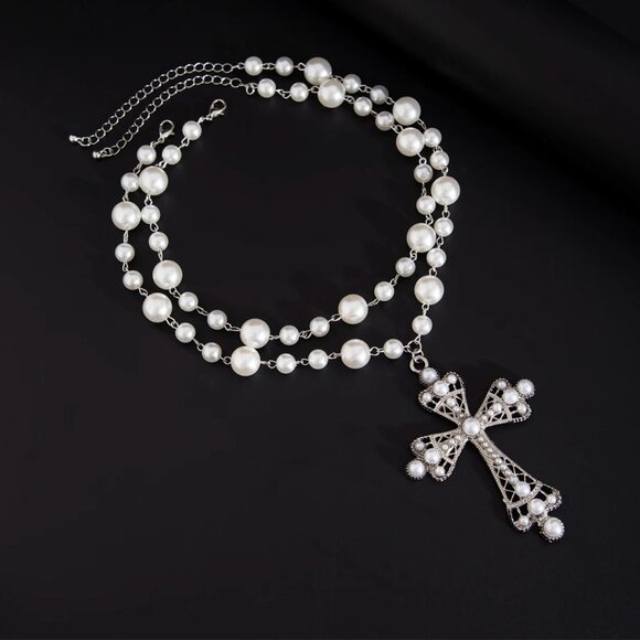 NWT Pearl 2 Pieces Choker  and Cross Pendant Necklace - Picture 4 of 11